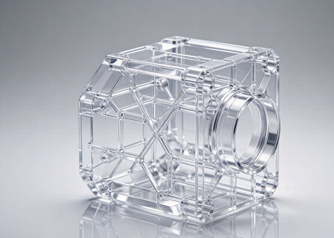 Transparent polycarbonate CNC-machined electronic housing prototype showing internal structure