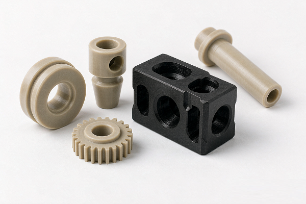 Precision CNC machined PEEK components: natural beige bushing, black carbon-filled manifold, gear, valve and insulator