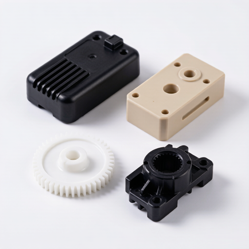 Assorted custom plastic components including a molded housing, a machined PEEK part, a gear and a bracket on a white background