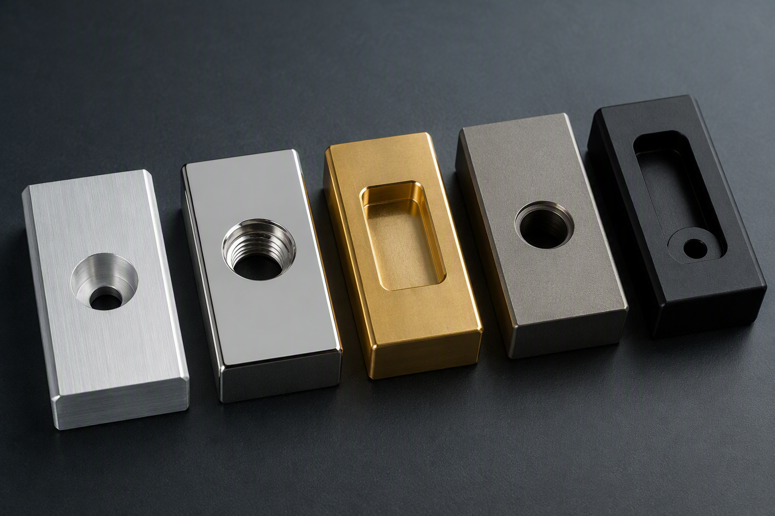 Machined material samples of aluminum, stainless steel, brass, titanium and engineering plastics showing surface finish and edge quality