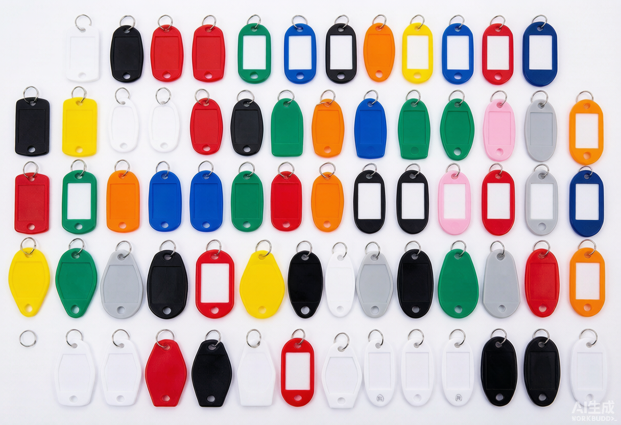 Flat lay of custom plastic key tags in many colors and shapes for hotel, automotive and industrial use