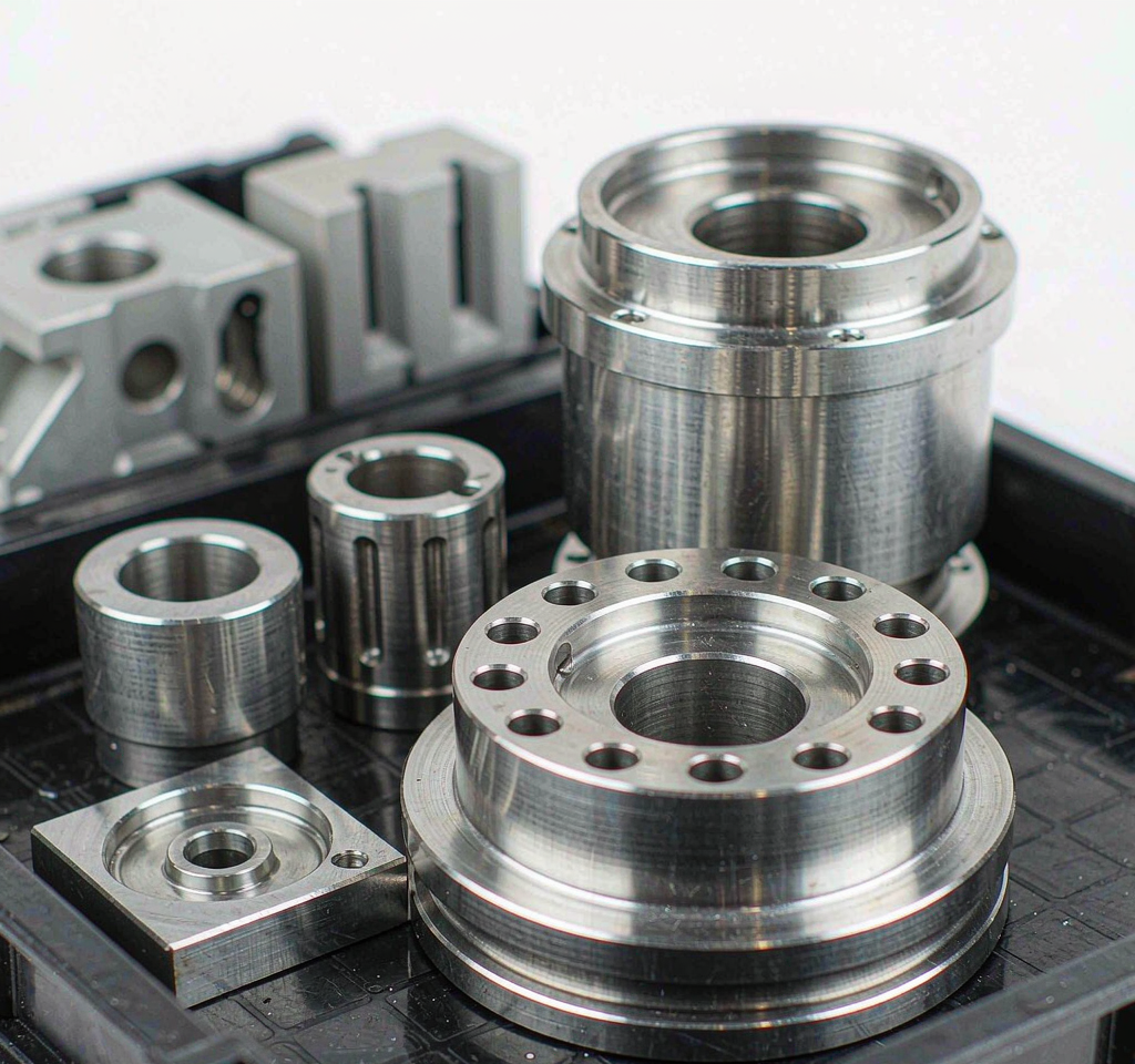 Precision CNC machined metal components in a tray