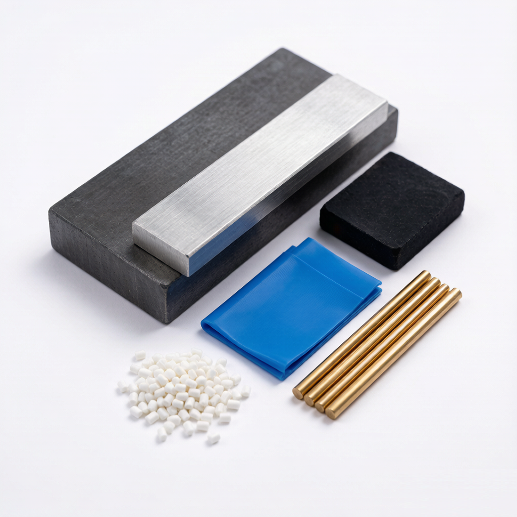 Raw engineering materials including metal bar stock, brass rods and plastic pellets