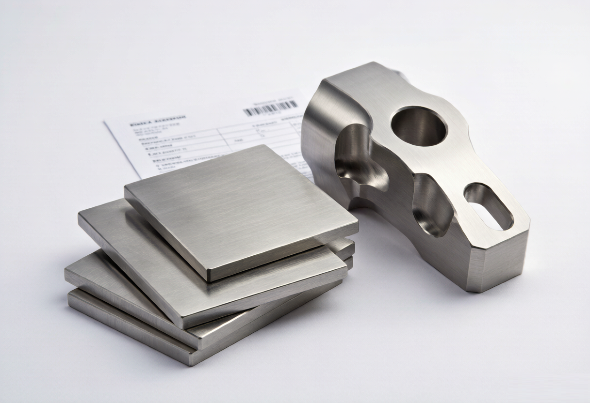 Titanium bar stock and a finished CNC milled titanium medical part with a material certificate