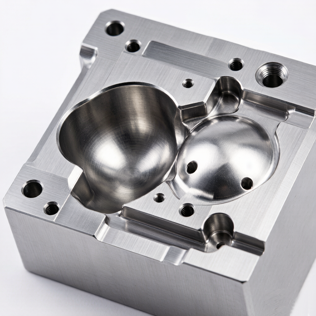 Macro view of a polished injection mold cavity and core steel surface
