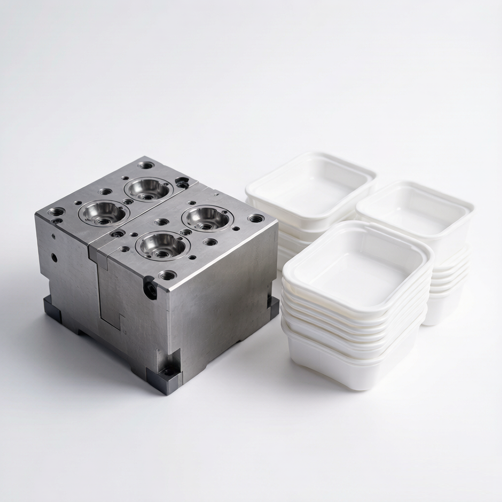 Finished injection mold beside stacks of molded plastic production parts