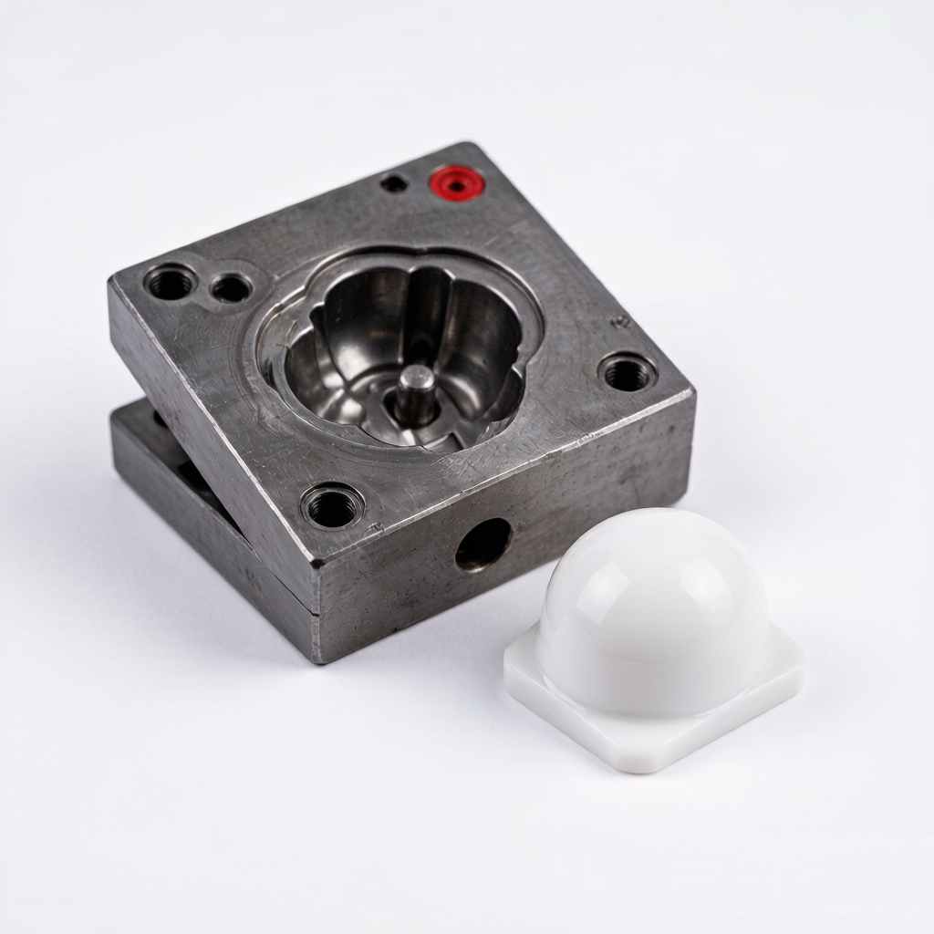 Opened injection mold with T1 sample plastic part