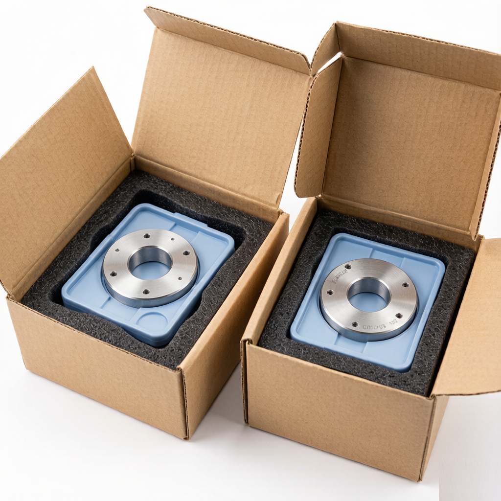 Custom manufactured precision parts packed in protective foam trays inside cardboard export boxes