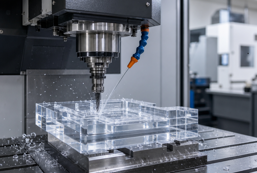 Transparent polycarbonate block being milled on a 5-axis CNC machine