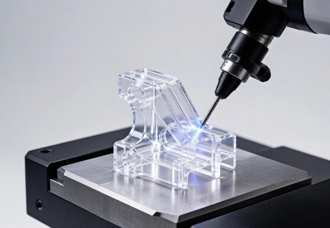 Transparent polycarbonate prototype inspected on a coordinate measuring machine