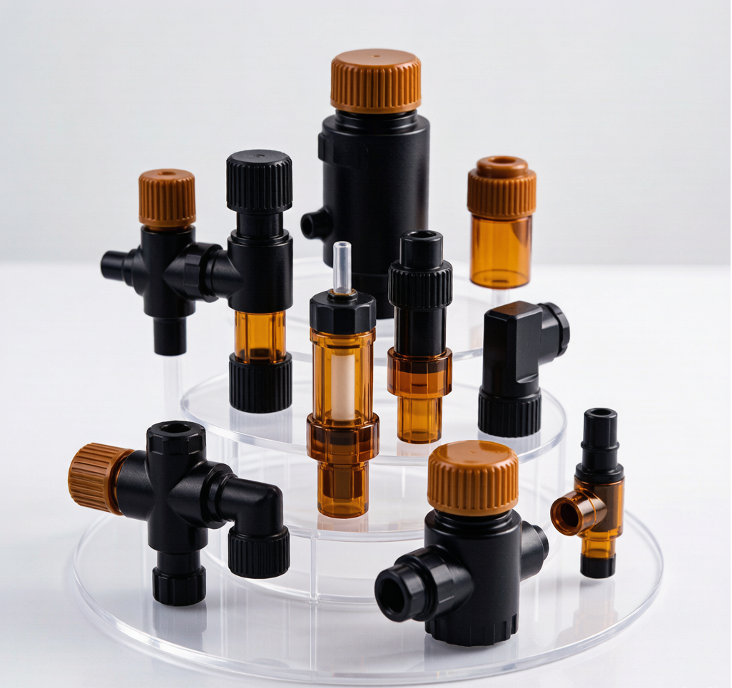 PEEK analytical instrument valves, fittings, and housings
