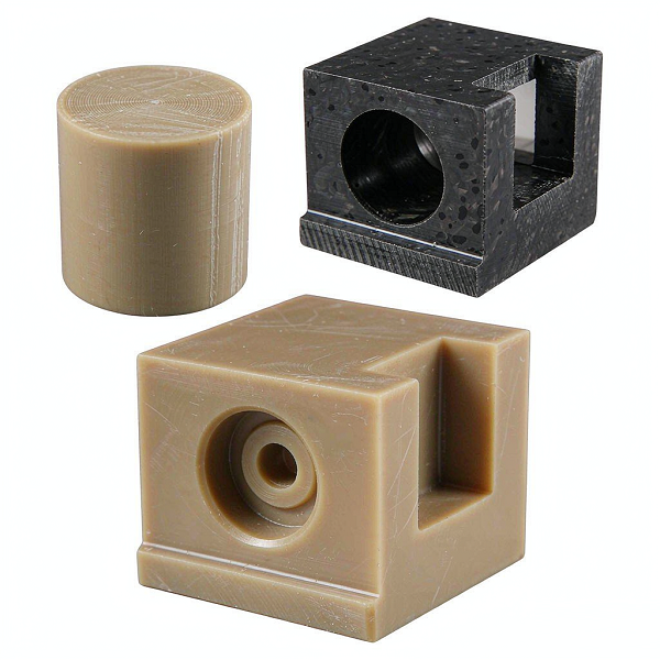 PEEK CNC machining workflow: blank stock, partially machined carbon-filled part, finished precision component
