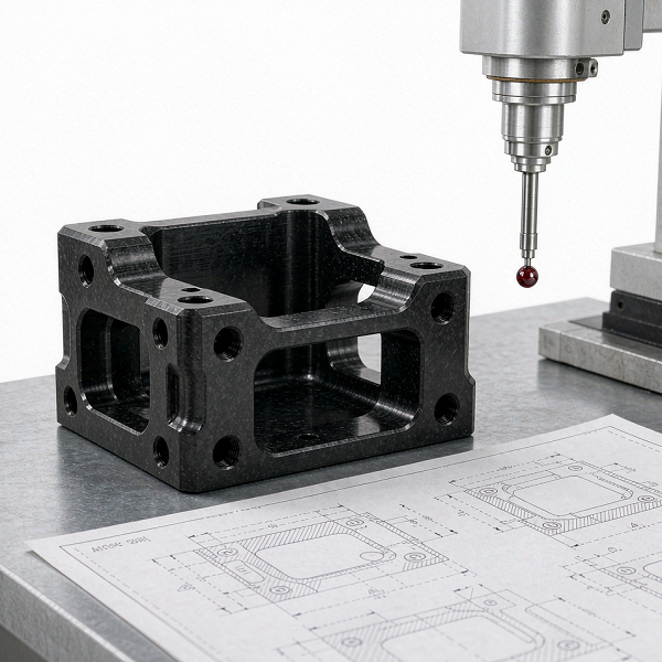 Finished carbon-filled PEEK component inspected beside a CMM probe and technical drawing