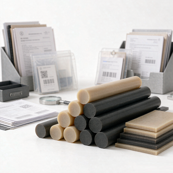 PEEK material traceability concept: stacked virgin and carbon-filled bars with blurred quality certificates in background