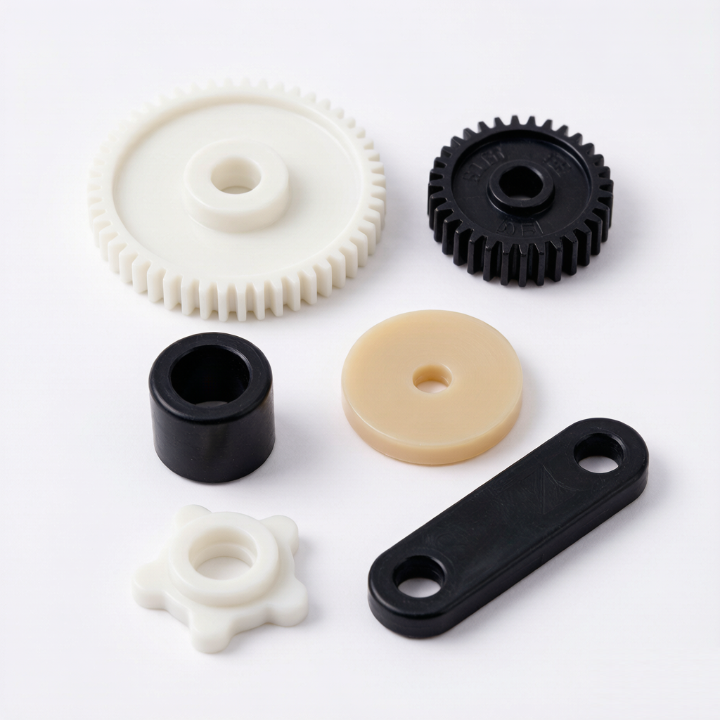 Plastic mechanical components including gears and bushings