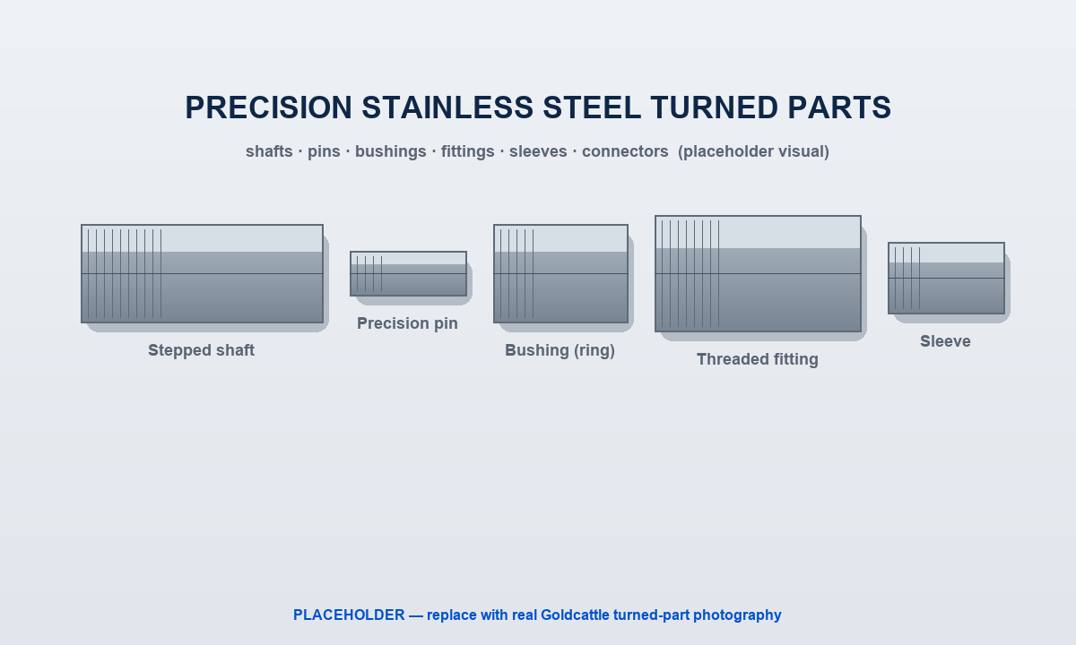 Group of precision stainless steel turned parts: stepped shafts, pins, bushings, threaded fittings and sleeves