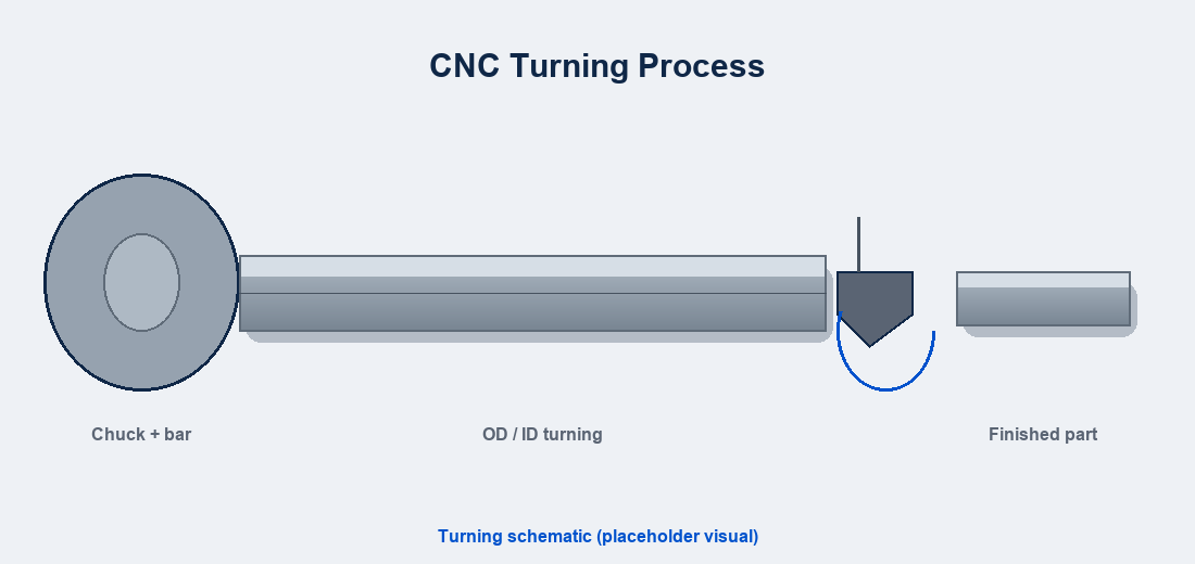 CNC turning process schematic: chuck, bar stock, cutting tool and finished stainless part