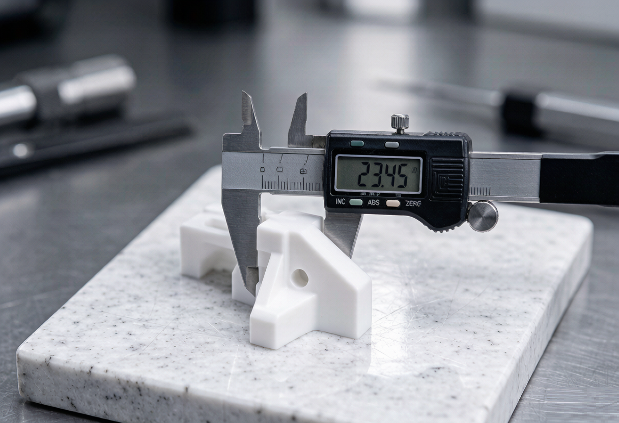 Precision measurement of a 3D printed prototype with a digital caliper on a granite surface plate