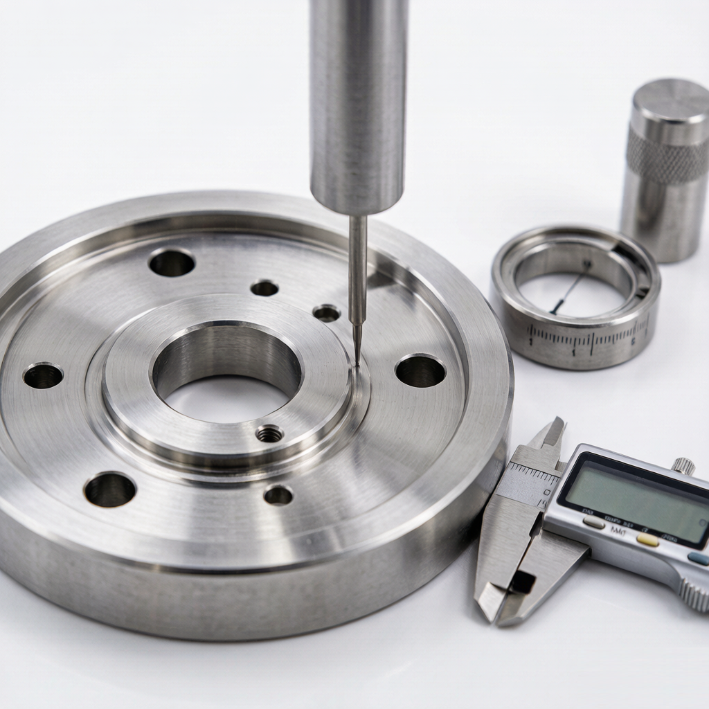 Coordinate measuring machine inspecting a precision CNC machined metal part