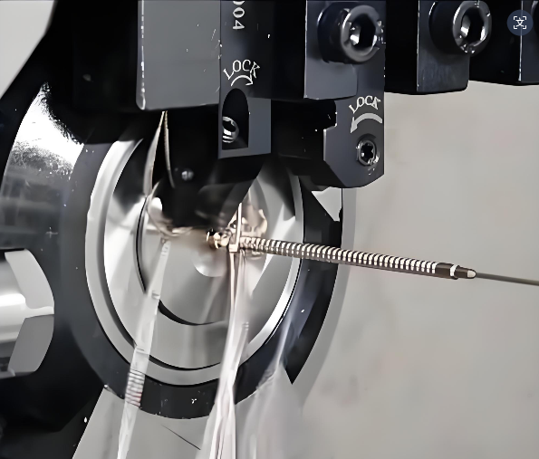 Magnified Swiss-turned micro features: fine threads, grooves and cross holes