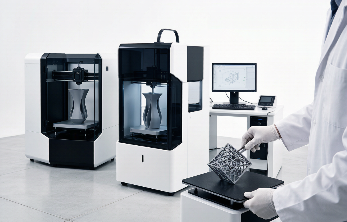 Industrial 3D printing equipment and a part removed from the build plate