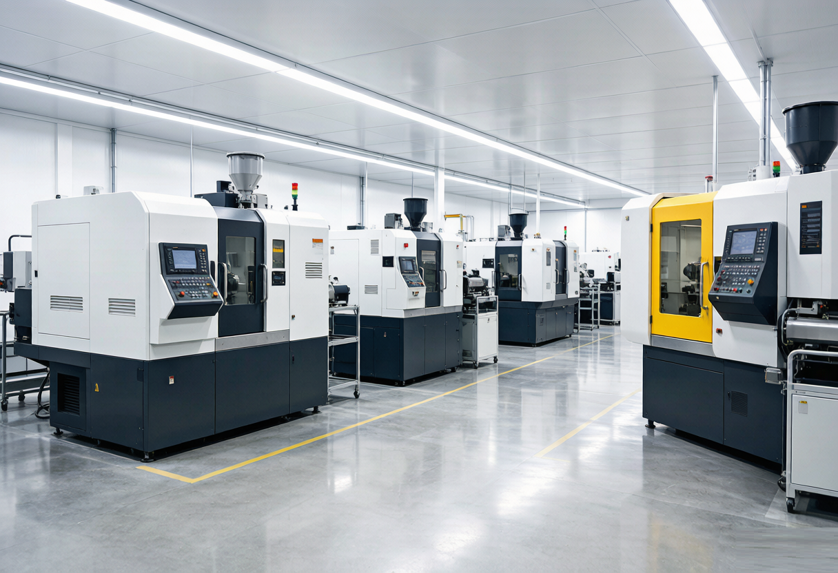 Clean precision manufacturing workshop with CNC and injection molding machines