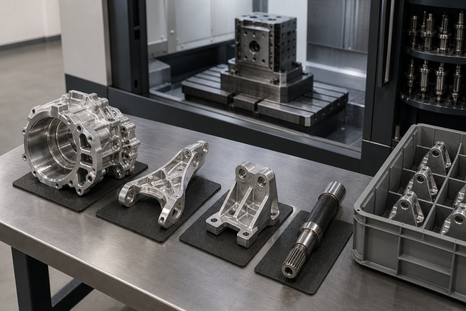 Automotive CNC machined components on the table of a five-axis machining centre: an aluminium transmission housing, a control arm bracket, an engine mount bracket and a splined steel shaft, with a tombstone fixture in the machine behind