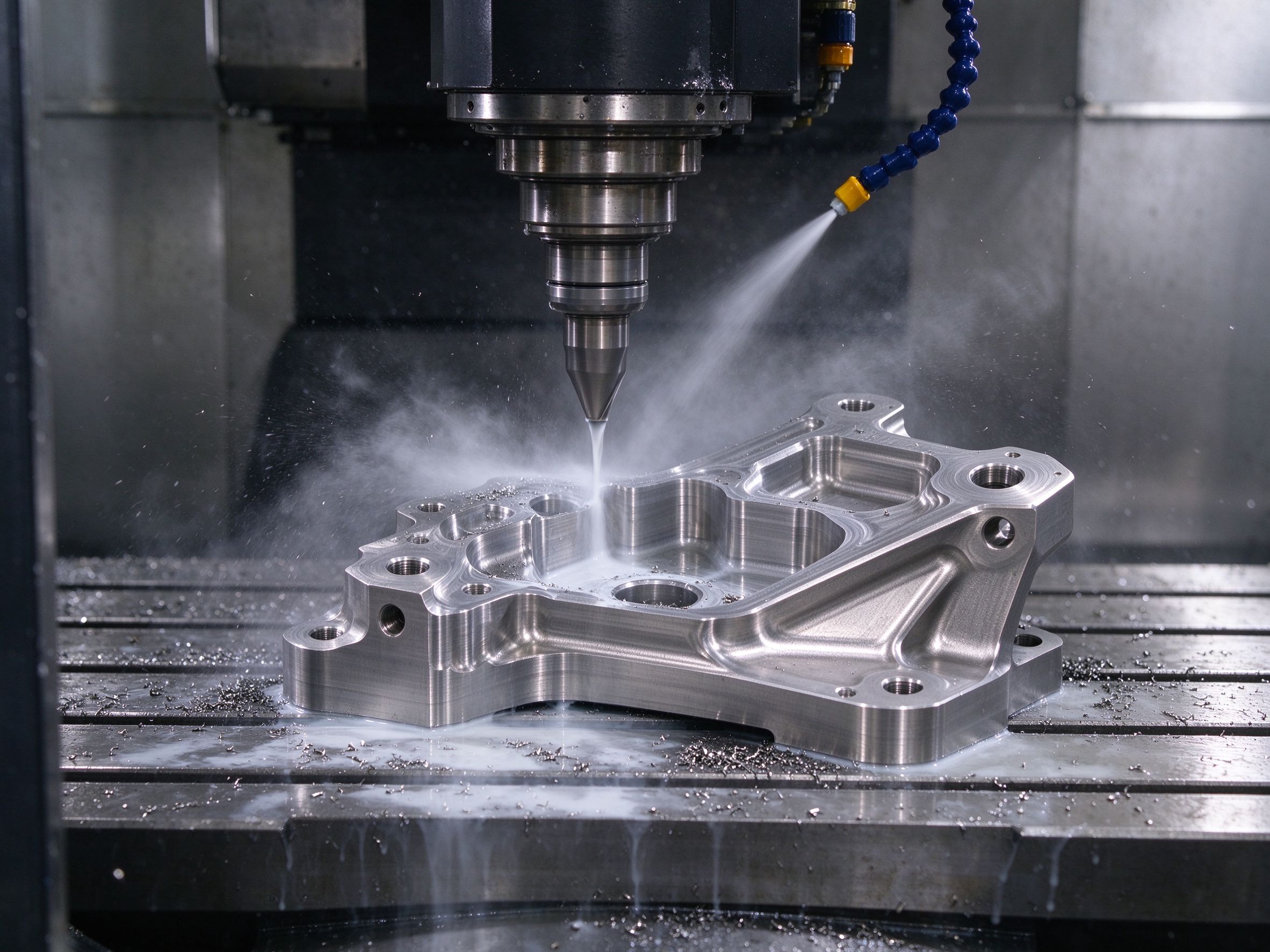 5-axis CNC machining a titanium alloy aerospace bracket with coolant