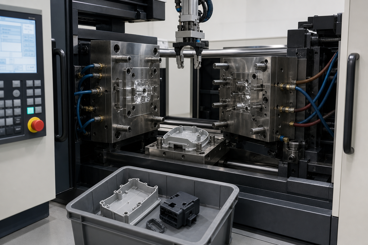 Injection molding production cell with the mold open, cooling lines and guide pillars visible, a part-removal robot above and a bin of finished molded plastic parts in the foreground