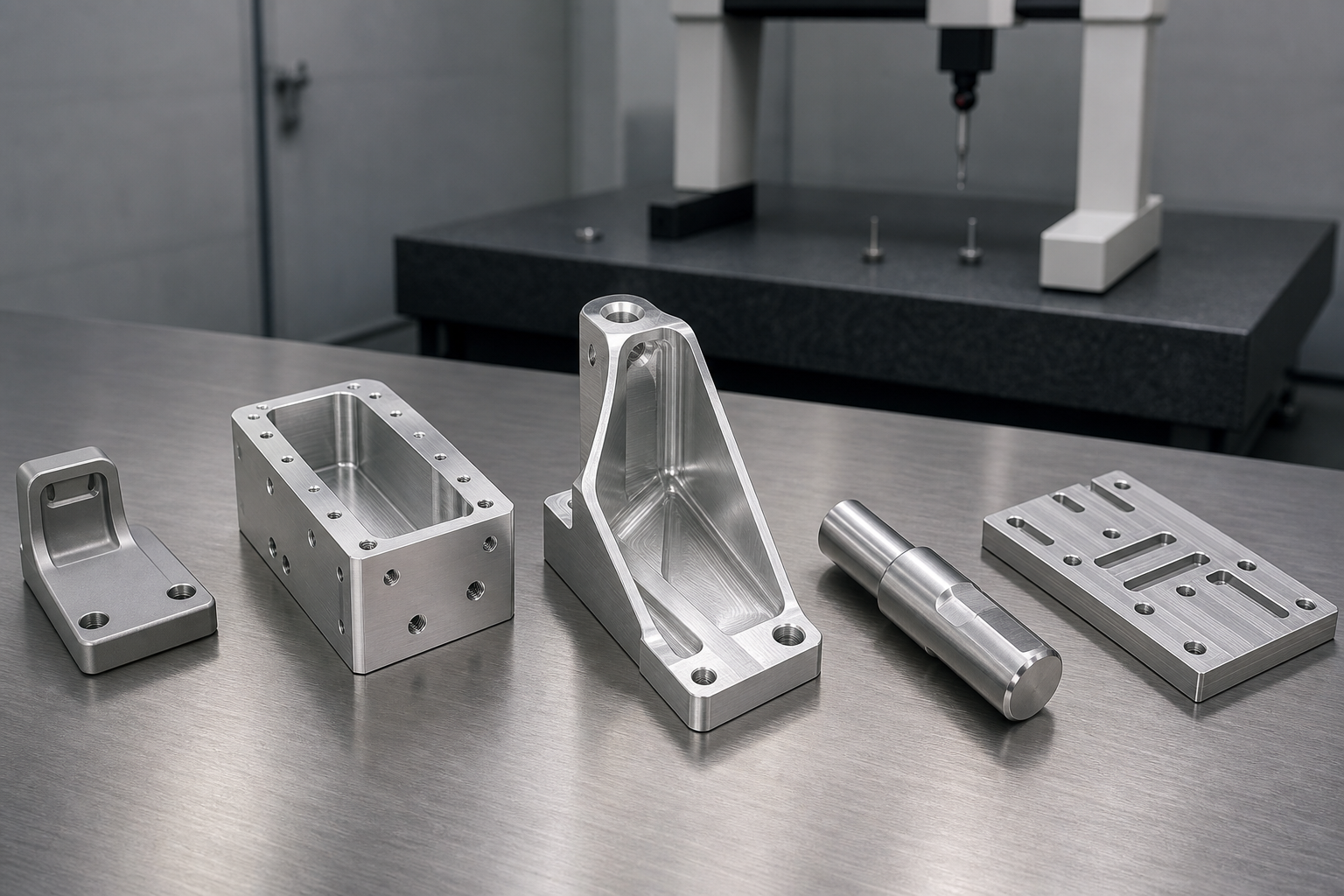 Custom CNC machined aluminium parts on a bench: a satin anodized 6061-T6 bracket, a bright machined 7075-T6 structural bracket with thin walls, a milled housing, a turned shaft and a slotted plate, with a coordinate measuring machine in the background