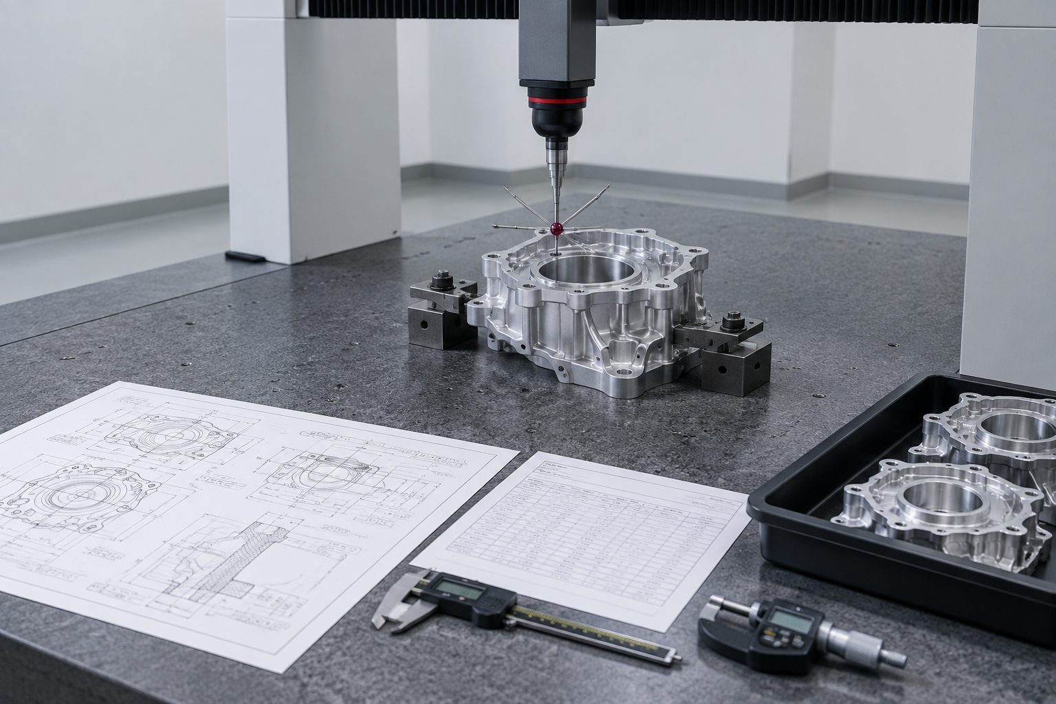 Coordinate measuring machine probing a machined aluminium automotive housing on a granite table, with a printed engineering drawing showing geometric tolerance frames, a dimensional report sheet, hand measuring tools and a tray of identical housings