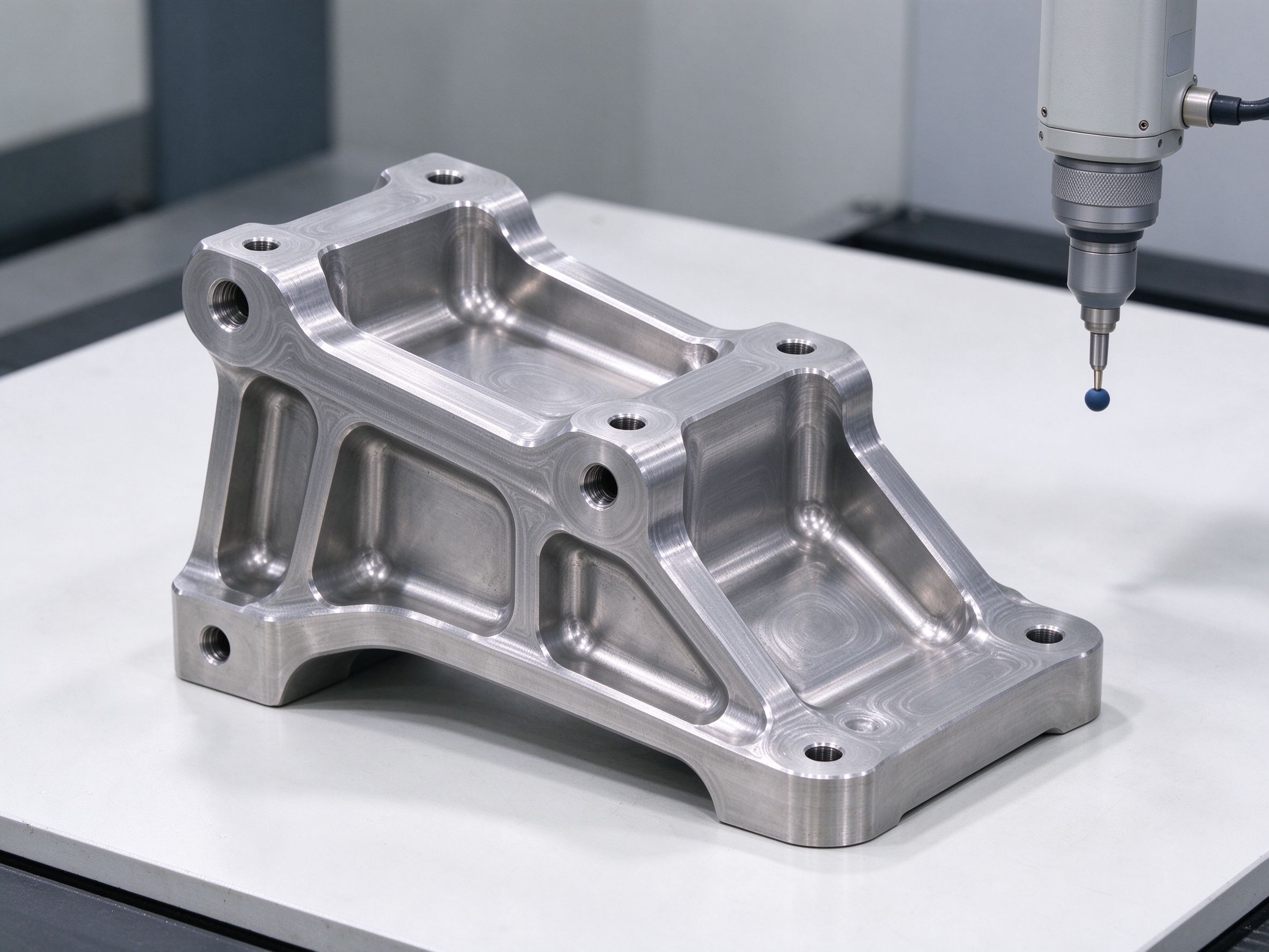 Machined titanium structural bracket being inspected on a CMM table