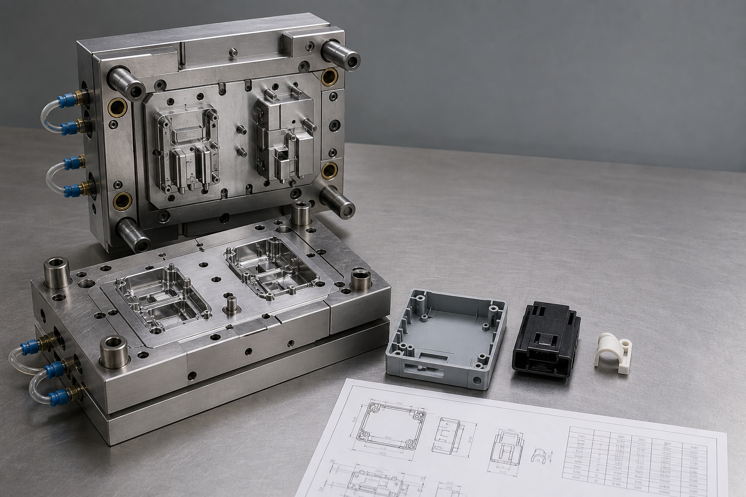 Open two-plate injection mold showing cavity and core plates, guide pillars and cooling fittings, with the first molded samples and a printed 2D drawing on a tool-room bench