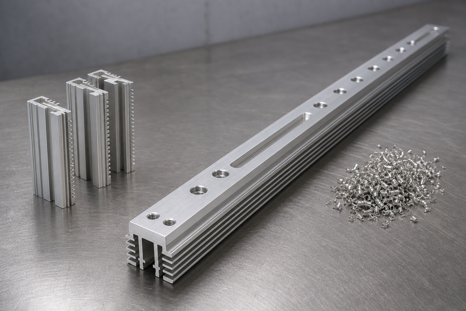 A long satin anodized aluminium extrusion profile with completed CNC operations along its length, including drilled and counterbored holes, a milled slot and a threaded chamfered end, beside three short cut lengths of the same profile