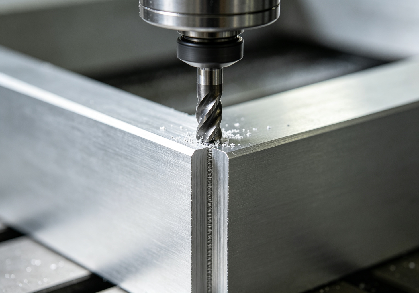 End mill cutting the straight outer profile wall of an aluminum bracket with visible linear tool marks