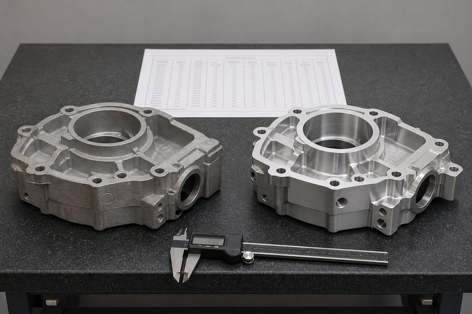 A raw die-cast aluminium housing beside the same housing after finish machining on a granite surface plate, with a digital caliper and a dimensional inspection report