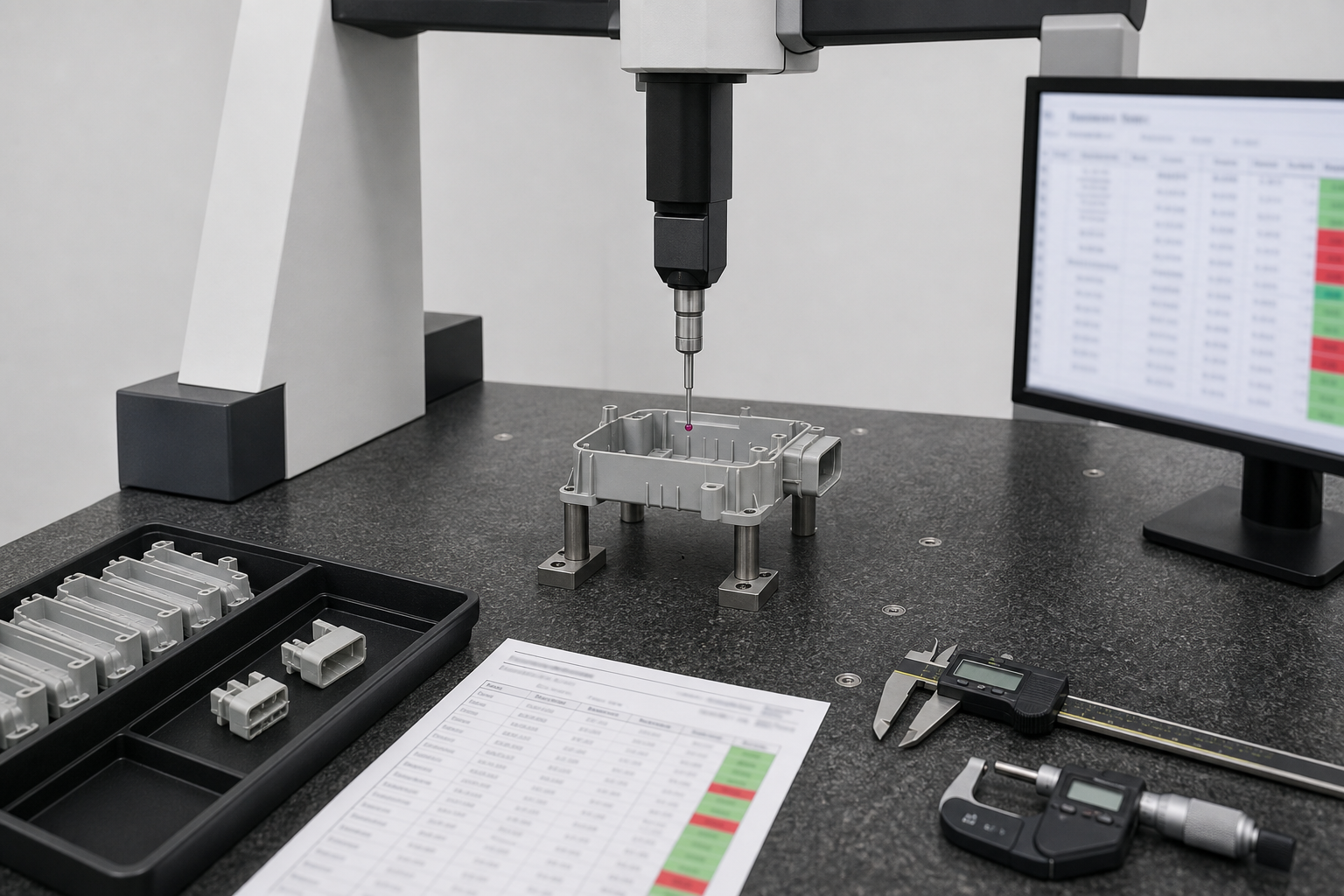 Coordinate measuring machine probing a thin-wall molded plastic housing on a granite table, with a tray of molded parts, a dimensional inspection report and hand measuring tools