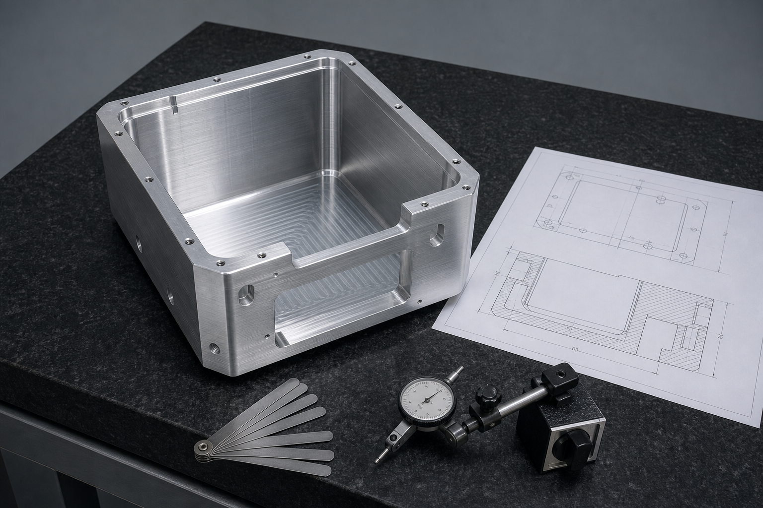 A machined aluminium housing with a very deep rectangular pocket and thin walls standing on a granite surface plate, beside a printed engineering drawing and a dial indicator on a stand