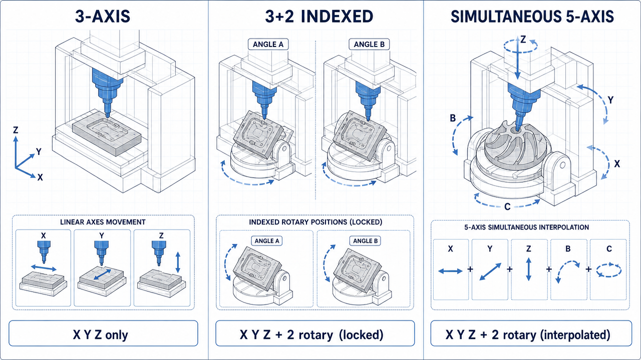 3-Axis vs 3+2 Indexed vs Simultaneous 5-Axis CNC machining comparison showing tool and workpiece orientation differences