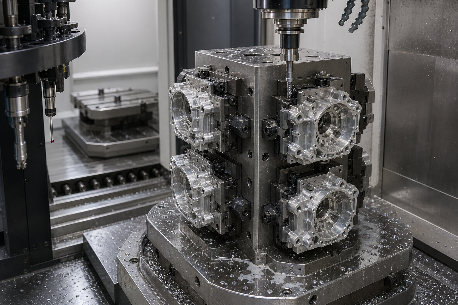 Horizontal machining centre with a tombstone fixture on a pallet holding four identical aluminium automotive housings in modular jaws, with a carbide end mill in the spindle and aluminium chips on the pallet