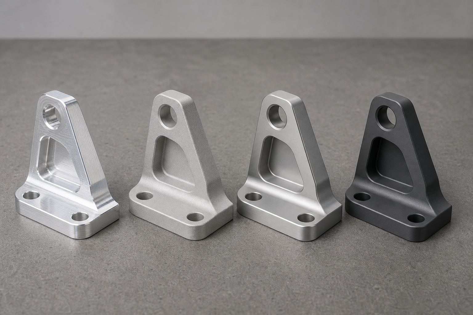 Four identical CNC machined aluminium brackets with different surface finishes in a row: bright as-machined aluminium, matte bead blasted, satin clear anodized and dark charcoal hard anodized