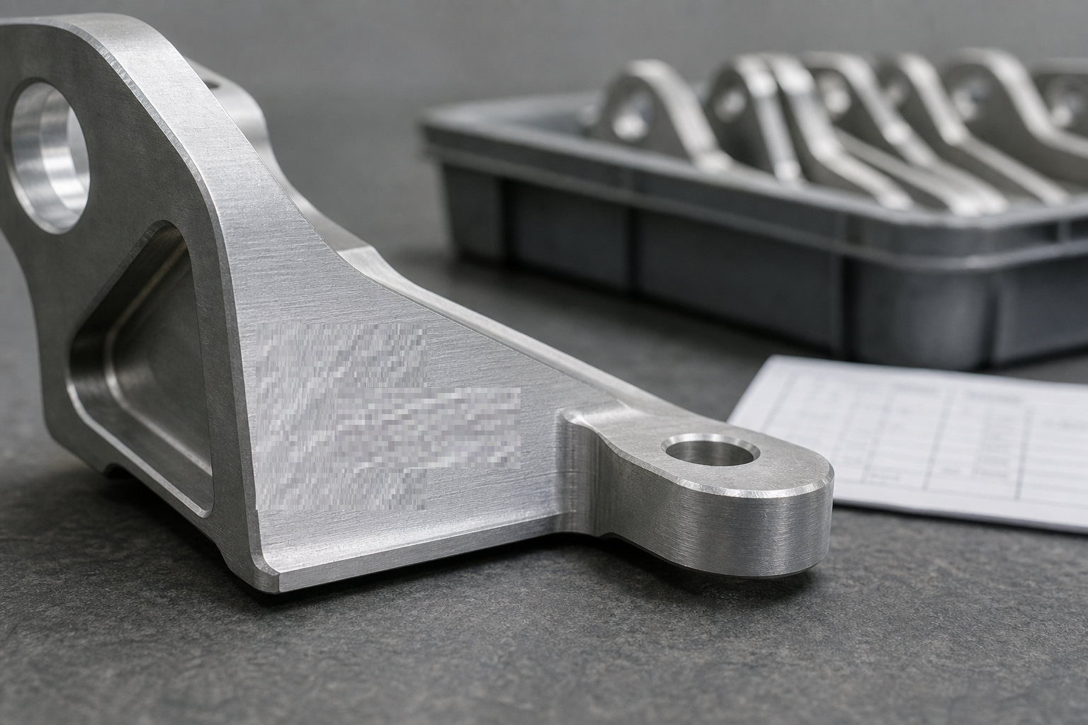 Close-up of a machined aluminium automotive bracket with a laser-etched 2D Data Matrix code on its side wall, beside a returnable tray of identical parts and a batch card
