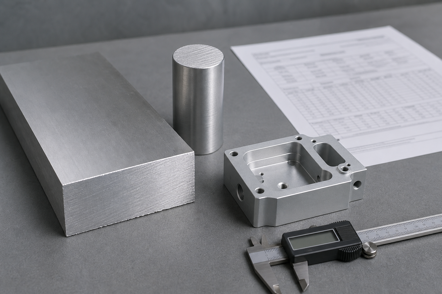 Aluminium plate and round bar stock with cut faces on a bench beside a printed mill certificate sheet that is out of focus, with a finished satin anodized machined part and a digital caliper in the foreground
