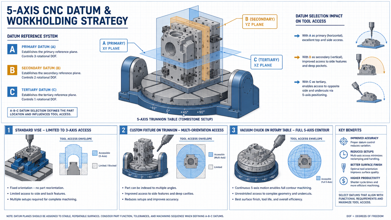 5-Axis workholding and datum strategy diagram showing datum A B C reference points, fixture, rotary axis and tool access