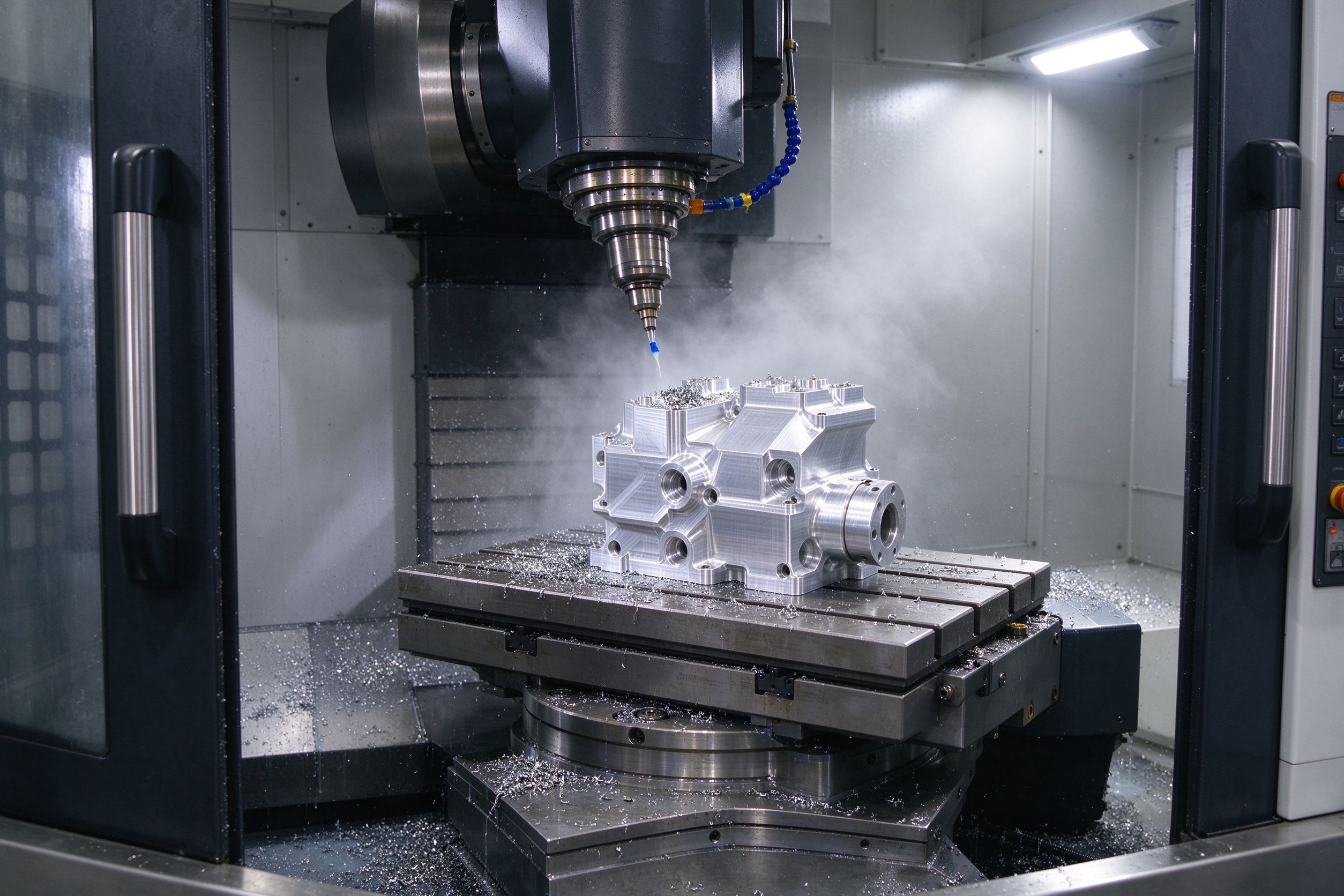 Simultaneous 5-axis CNC machining center machining a complex multi-face aluminum part on a trunnion table