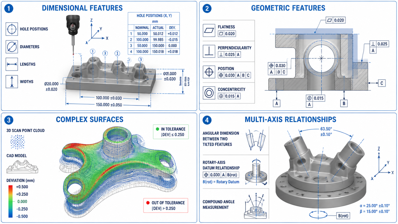 5-Axis CNC part inspection workflow: dimensional features, geometric features, complex surfaces and multi-axis relationships