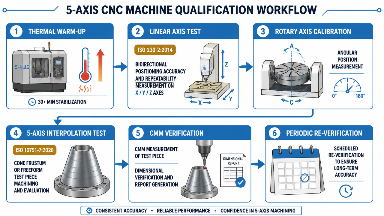 5-Axis CNC machine qualification workflow: ISO 230-2, ISO 10791-7, rotary-axis calibration, thermal warm-up and periodic verification