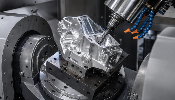 5-axis CNC machining setup showing part fixtured on rotary table with angled tool approach