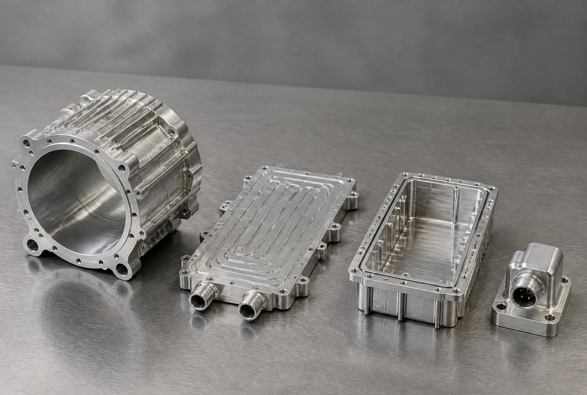 Four machined aluminium EV components in a row on a bench: a motor housing with a bored stator bore and cooling jacket, a battery cooling plate with milled fluid channels and threaded ports, a ribbed enclosure frame with a machined sealing groove, and a sensor housing with a sealed connector bore
