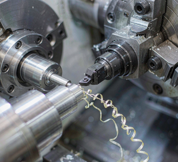 CNC lathe cutting tool contacting a rotating cylindrical aluminium workpiece with long aluminium chips forming